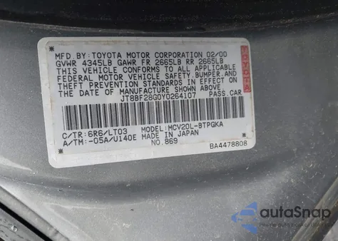 2000 Lexus Es 300 z USA, uszkodzony, nr VIN JT8BF28G0Y0264107